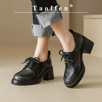 Повседневные женские лоферы Taoffen из натуральной кожи на твердом квадратном каблуке, нескользящая толстая подошва, модные офисные туфли на шнуровке с круглым носком