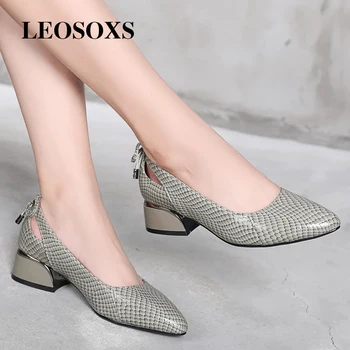 LEOSOXS/ Женские туфли-лодочки в лаконичном стиле из натуральной кожи с острым носком, Весенне-осенняя Модная Офисная женская обувь на толстом каблуке