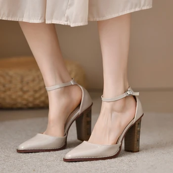 Женские босоножки на высоком каблуке с отверстиями, совершенно новые вечерние туфли с пряжкой на каблуке в форме заостренного носка, ретро-сандалии-змеи 43 размера