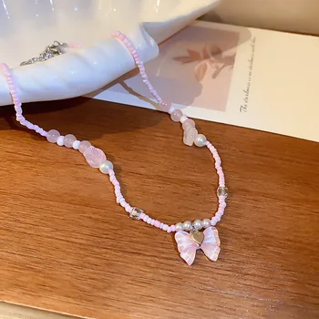Ожерелье с хрустальным бантом и жемчугом Love, Южнокорейское ожерелье-цепочка для ключиц, женское ожерелье
