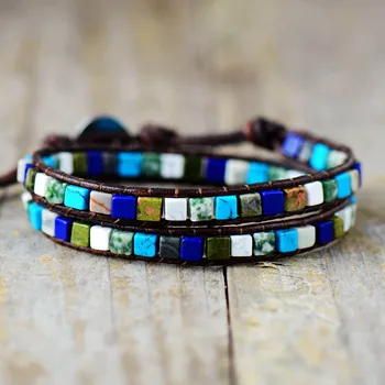 Кожаные браслеты из смеси квадратных натуральных камней, 2 нити кожаных браслетов-обертки, винтажное плетение, браслет в стиле бохо, прямая поставка