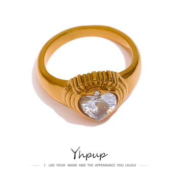 Yhpup Кольцо с кубическим цирконием в форме сердца из нержавеющей стали, модное кольцо с геометрической текстурой металла для женщин, стильные ювелирные изделия с уникальным дизайном, Новинка