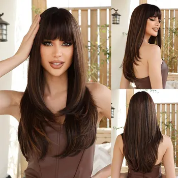 Темно-коричневые парики с прямыми волосами для женщин, синтетический длинный парик с челкой, Многослойная прическа, ежедневное использование термостойкого волокна
