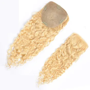Водная Волна Блондинка Шелковая Основа Топпер 15x16cm Европейские Девственные Человеческие Волосы Шелковая Основа Топпер с Волосами Младенца Светлые Вьющиеся