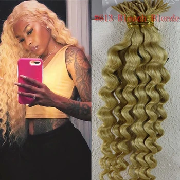 Глубокие Вьющиеся Кератиновые Капсулы Human Fusion Virgin Hair 12-28 дюймов Для Наращивания Ногтей Remy Pre Bonded I Tip Наращивание Волос Human Hair #60 Blonde