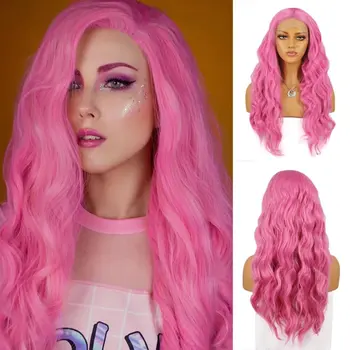Розовый парик AIMEYA с кружевом спереди, длинная объемная волна, синтетические парики с кружевом спереди, термостойкие синтетические волосы, парик для косплея для ежедневного использования