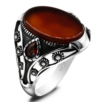 Кольцо с натуральным камнем Агат для мужчин, серебро 925 пробы, тайское серебро с красным фианитом, кольцо уникального дизайна для мужчин, женские турецкие ювелирные изделия
