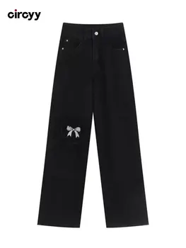 Мешковатые джинсы, женские черные джинсовые брюки с высокой талией и бантом в виде сердца, дизайнерская уличная одежда, джинсы с широкими штанинами Hot Girls Y2K