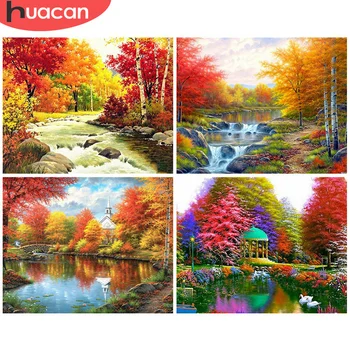 HUACAN Сделай сам масляной краской по номеру Лесная осень акриловая картина Озеро Рисунок на холсте для украшения дома 75x60 см