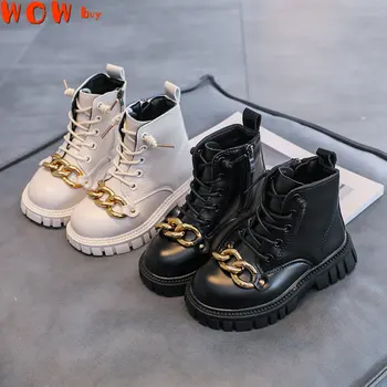 2023 Осенние новые Корейские ботинки Tide с металлическим декором для детей, модные Зимние ботинки для девочек, короткие ботинки на низком каблуке