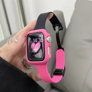 Сексуальный ярко-розовый силиконовый магнитный ремешок + чехол для Apple Watch Series 7 8 SE 6 5 4 3 44 40 45 41 42 44 мм женский браслет для iWatch
