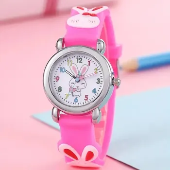 Детские мультяшные кварцевые силиконовые часы с милым кроликом для девочек и мальчиков начальной школы, детские часы с 3D силиконовым ремешком