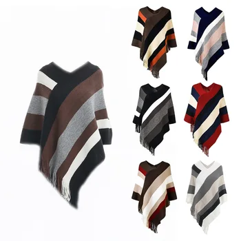 Женский пуловер, вязаный модный осенне-зимний платок в тон, европейский и американский шарф, накидка с кисточками в цветную полоску