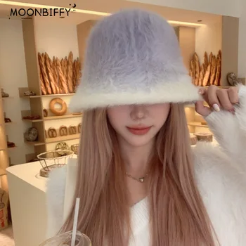 Модная шапка из кроличьего меха с градиентом, осенне-зимняя корейская версия, показывает лицо, маленькая теплая женская шапка-ведро для путешествий на открытом воздухе