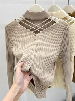 Сексуальный вязаный топ на бретелях для женщин 2023, осенняя однотонная рубашка-свитер с длинным рукавом, одежда Y2k