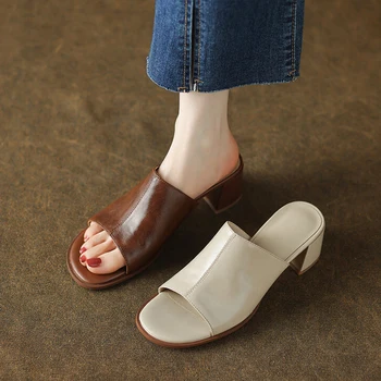 Босоножки в стиле ретро из натуральной кожи на толстом каблуке с открытым носком, бежево-коричневые кожаные тапочки для женщин на открытом воздухе