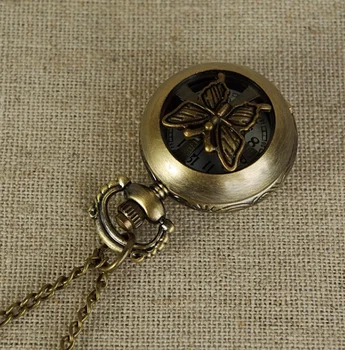 100 шт./лот, Винтажные карманные часы с полой бабочкой из бронзы, ожерелье для мужчин и женщин, ожерелье небольшого размера, подарочные часы