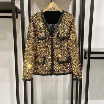 Осень 2023, Новое поступление, однобортное женское пальто-кардиган с золотыми блестками, длинный рукав, V-образный вырез, женская куртка с карманами