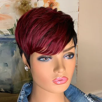 Красные парики с короткой стрижкой Боб-Пикси для женщин, человеческие волосы, Бразильские прямые парики с косточками, дешевые парики из человеческих волос машинного производства с челкой