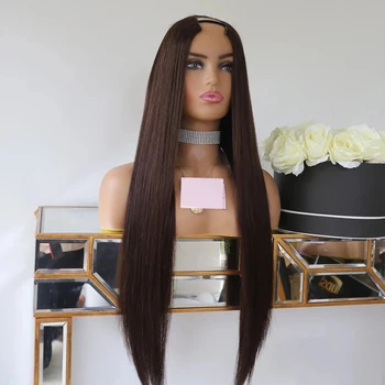 Длинный бесклеевой свободный 24-дюймовый темно-коричневый прямой U-образный парик из бразильских человеческих волос для чернокожих женщин, мягкий U-образный повседневный парик