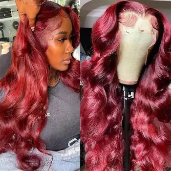 Объемный волнистый парик Бордовый парик с кружевом спереди 13x4 Hd Прозрачный парик с кружевом спереди, предварительно выщипанный 99j, парики с кружевом спереди красного цвета для женщин