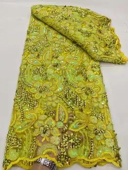 Роскошная африканская кружевная ткань 2023 Новейшая желтая индийская ткань сари Высококачественный тюль кружевная ткань с 3D блестками материал свадебного платья